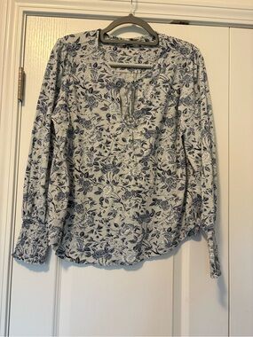 Blue Floral Long-Sleeve Tie-Neck Blouse